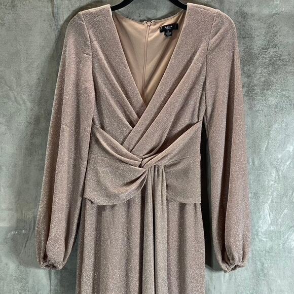 AQUA FORMAL Women's Blush Twist-Front Metallic V-Neck Long-Sleeve Gown SZ 2 - Picture 4 of 13